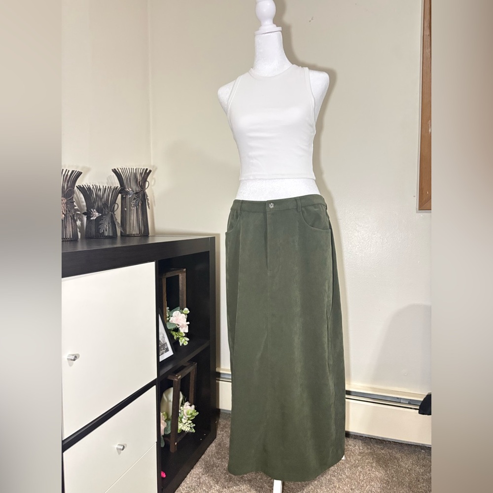 Talbots Olive Green Maxi Skirt with Front Button